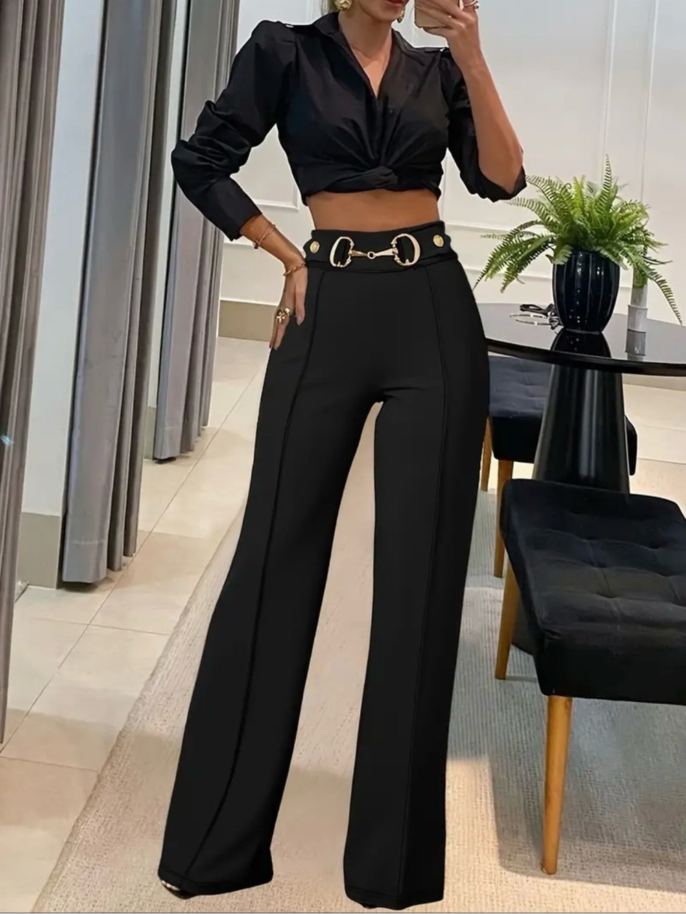NWOT High-Rise Wide-Leg Black Trousers with Gold Buckle Waist Medium